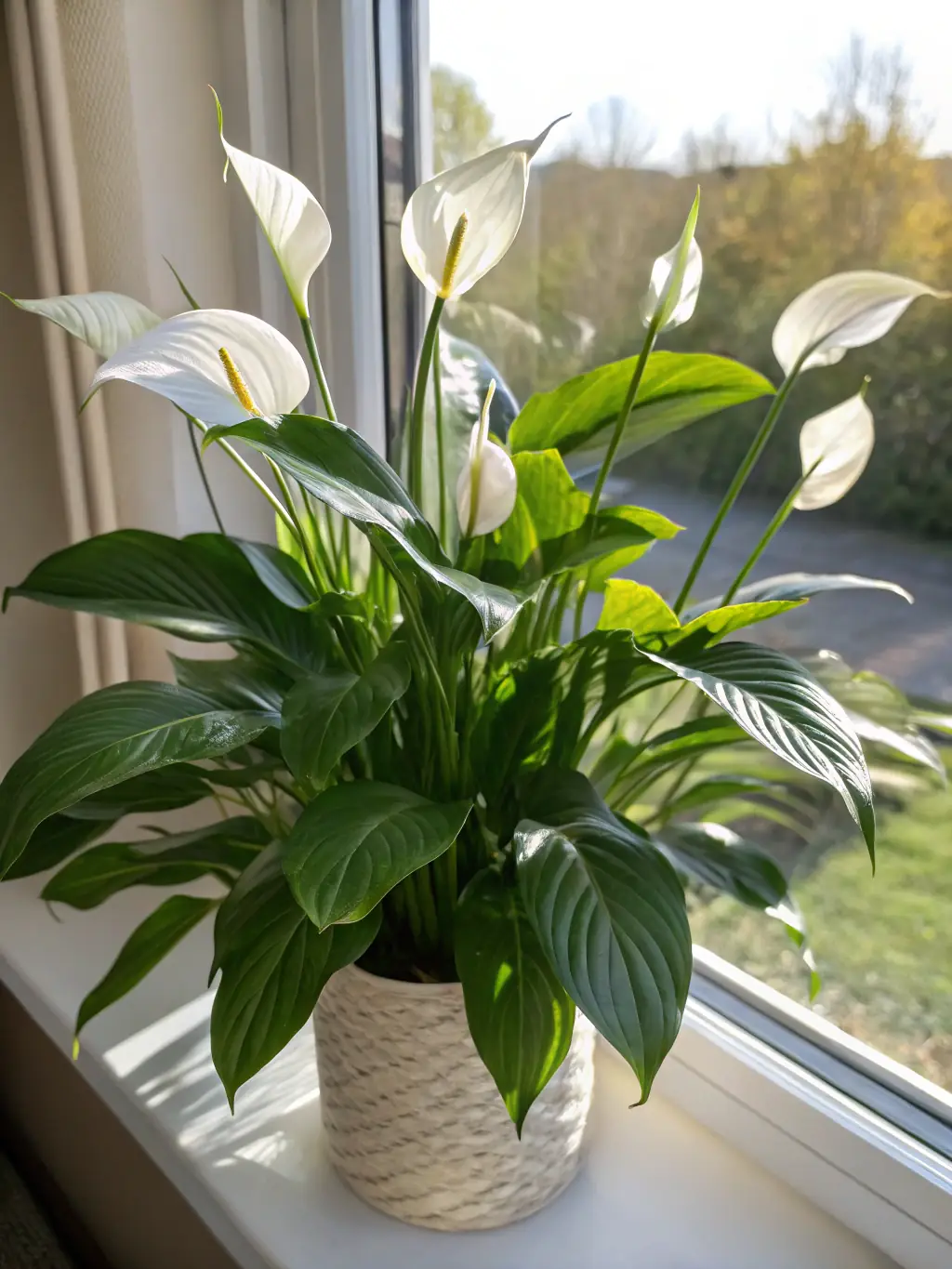 A lush image of a peace lily with its glossy green leaves and white flower, symbolizing tranquility and air purification.