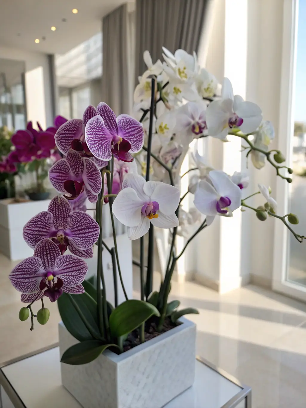 A vibrant image of a potted orchid with delicate pink flowers, showcasing its elegance and beauty in a home setting.
