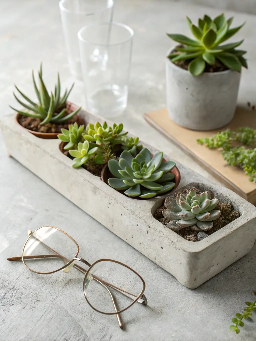 A close-up shot of a succulent arrangement in a modern container, highlighting the variety of textures and colors.