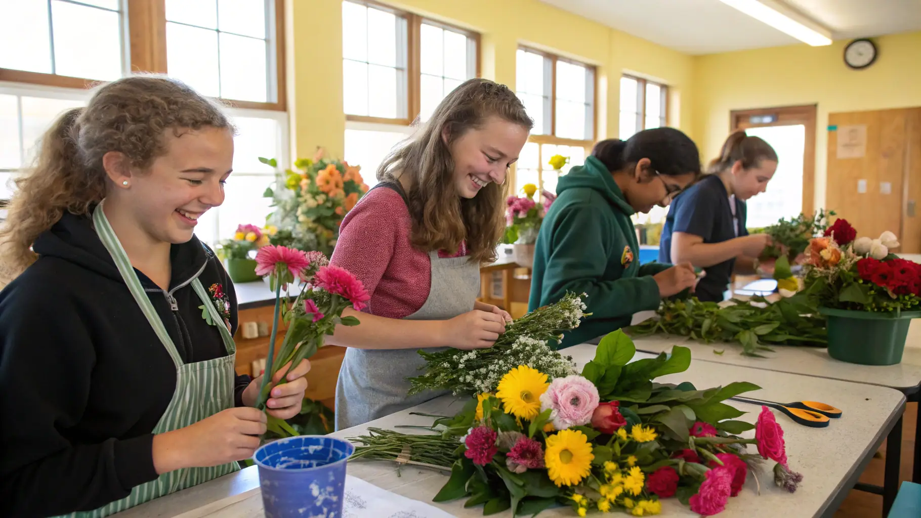 A group of people participating in a flower arranging workshop at the TanHua Network physical store in Beijing. The participants are smiling and engaged in the activity.